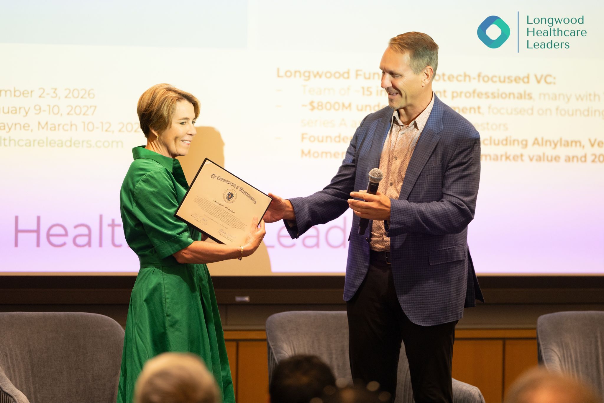 Massachusetts Governor Maura Healey presents Governor's Citation to Christoph Westphal, Longwood Fund General Partner